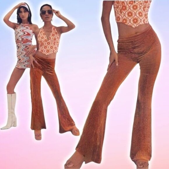 PRINCESS POLLY Velvet Semi Sheer Flare Leg Pants Sz 8 Copper Brown - Picture 1 of 5